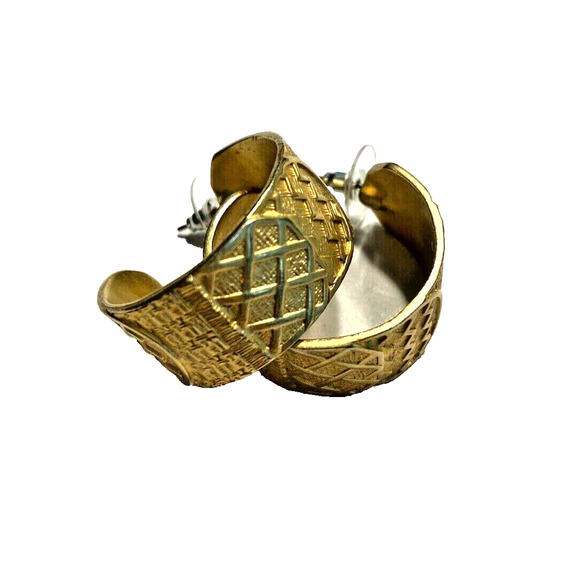 Vintage Goldtone Pierced Earrings Large Textured Open Faux Hoops Luxury Chic - Picture 1 of 5
